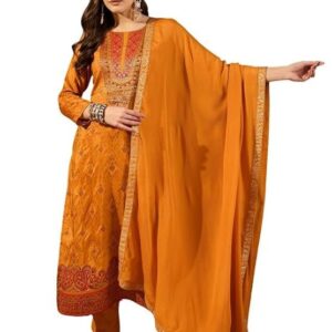 Women's Mustard Silk Ikat Straight Woven Kurta Pant With Dupatta Set | Straight Kurta Set For Women | Woven Salwar Suit For Women