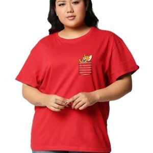 Official Tom & Jerry Merchandise Women's 100% Cotton Graphic Print Boyfriend Fit Round Neck Plus Size T-Shirt