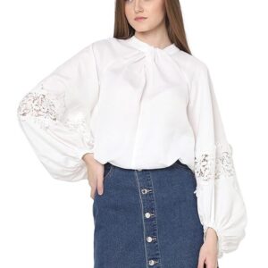 MODA Tie-Up Neck Puff Sleeves Gathered Lace Detail Top