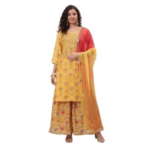 Rangriti Women Polyester Printed Yellow Suit Set