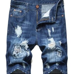 Men's Moto Biker Jeans Shorts Ripped Distressed Denim Shorts with Broken Hole