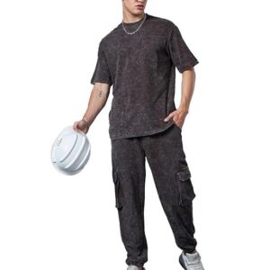 Bew Heavy Duty 1.0 Men's Self Design Oversized Fit Half Sleeve Round Neck Terry Acid Wash Co-Ordinates T-Shirt