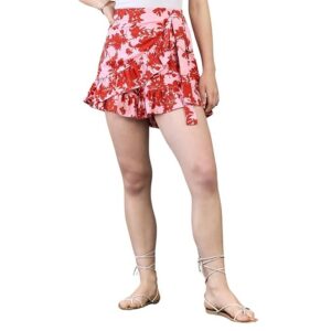 Women Floral Printed High-Rise Waist Tie-Up Ruffled Wrap Mini Skirts