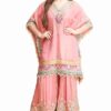 Traditional Embroidered Kaftan Palazzo Set, Pink, V-Neck with Fringe Details, Floral Embellished