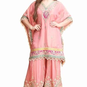 Traditional Embroidered Kaftan Palazzo Set, Pink, V-Neck with Fringe Details, Floral Embellished