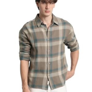 THE BEAR HOUSE Men's Brown Checked Relaxed Fit Cotton Casual Shirt