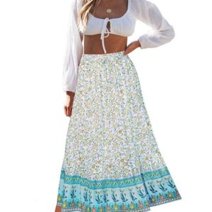 Women's 2023 Bohemian Floral Printed Elastic Waist A Line Maxi Skirt with Pockets, Lake Blue, Small