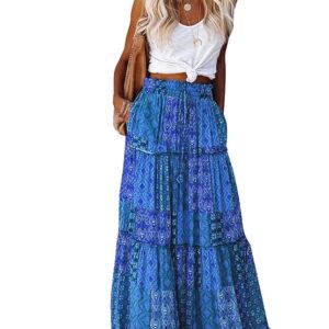 Womens Casual High Waist Tiered Paisley Print Long Maxi Skirt with Pockets, Blue, X-Large