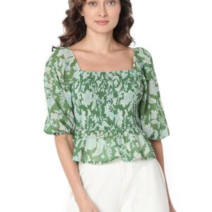 VERO Floral Printed Puff Sleeve Cinched Waist Crop Top