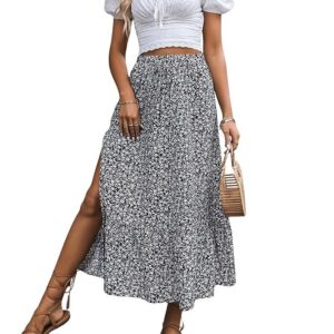 Rocks Women's Casual High Waist Floral Print Skirt Split Thigh A Line Maxi Skirts