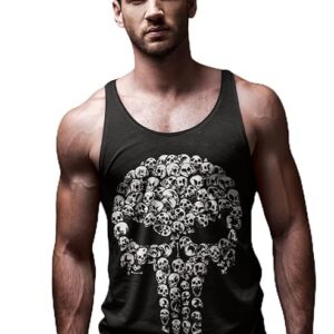 Cotton Graphic Tank Top, Black Skull Print, Casual Round Neck, Regular Fit, All Season Wear, City Theme, Adult Size