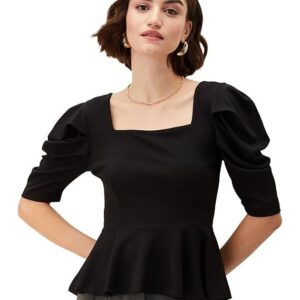 Women's Solid Crepe Square Neck Puff Sleeve Regular Fit Peplum Knit Top